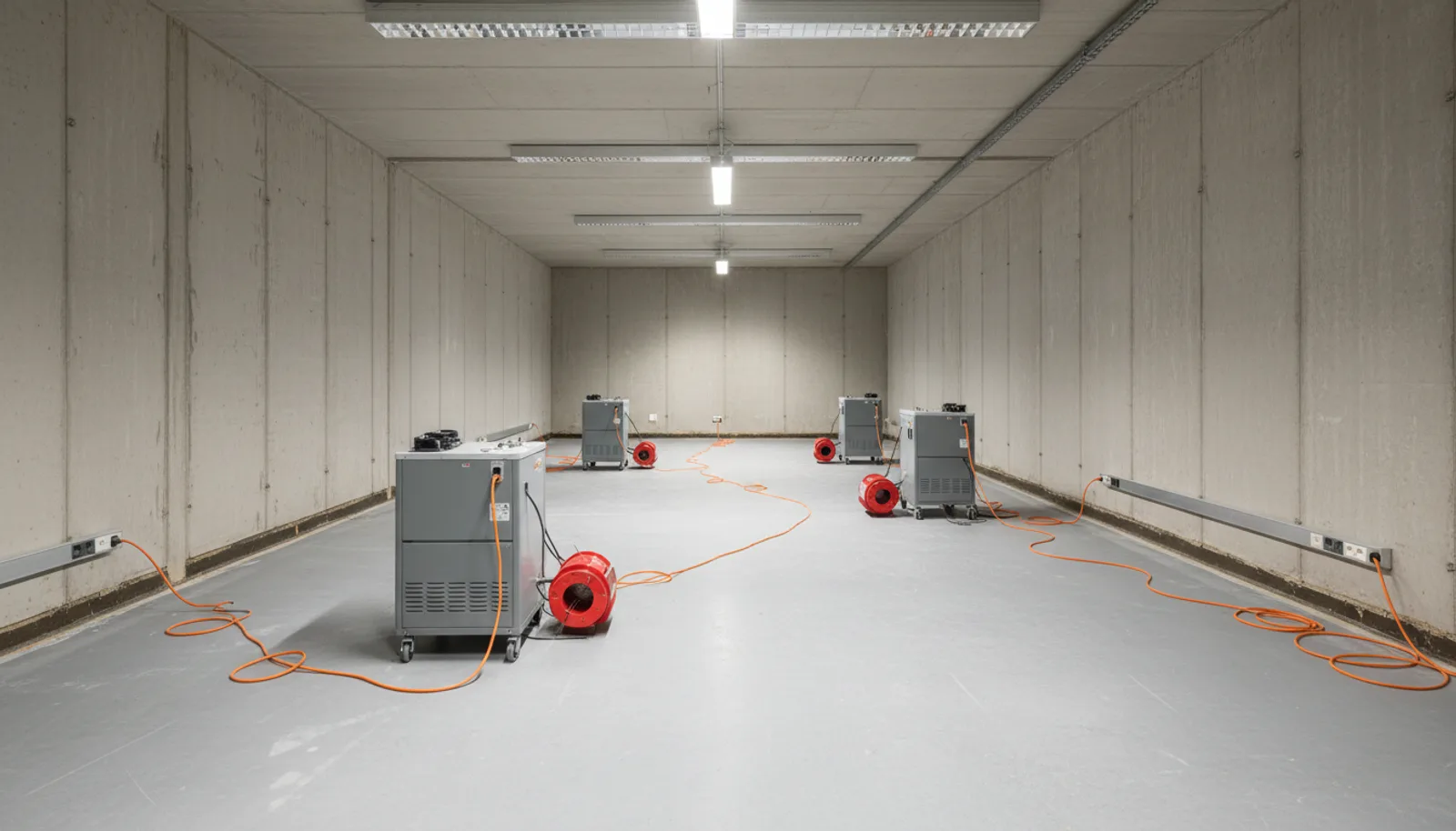 Technische Trocknungsgeräte in einem leergeräumten Gewerberaum nach einem Wasserschaden